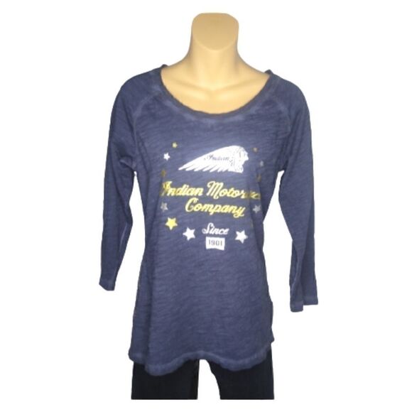 INDIAN MOTORCYCLE Blue Raglan Style Lacey Back 3/4 Sleeve Women's TShirt SZ XS - Picture 1 of 6